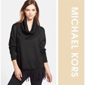 Michael Kors Black Cowl Neck Cotton Blend Sweater with Fringe Sz: M
